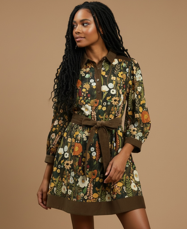 Olive Grove Puff-Sleeve Dress