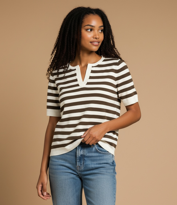 Inlet Split-Neck Sweater — Brown