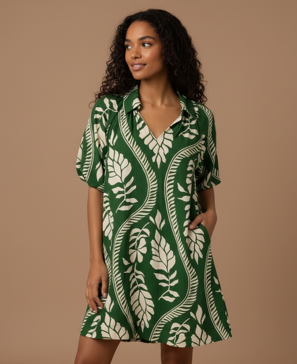 Fern Canopy Mini Dress — Green/Cream
